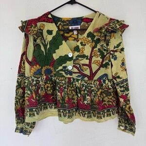 Jess Meany Button-Front Ruffle Shoulder Cotton Multicolor Blouse size XS